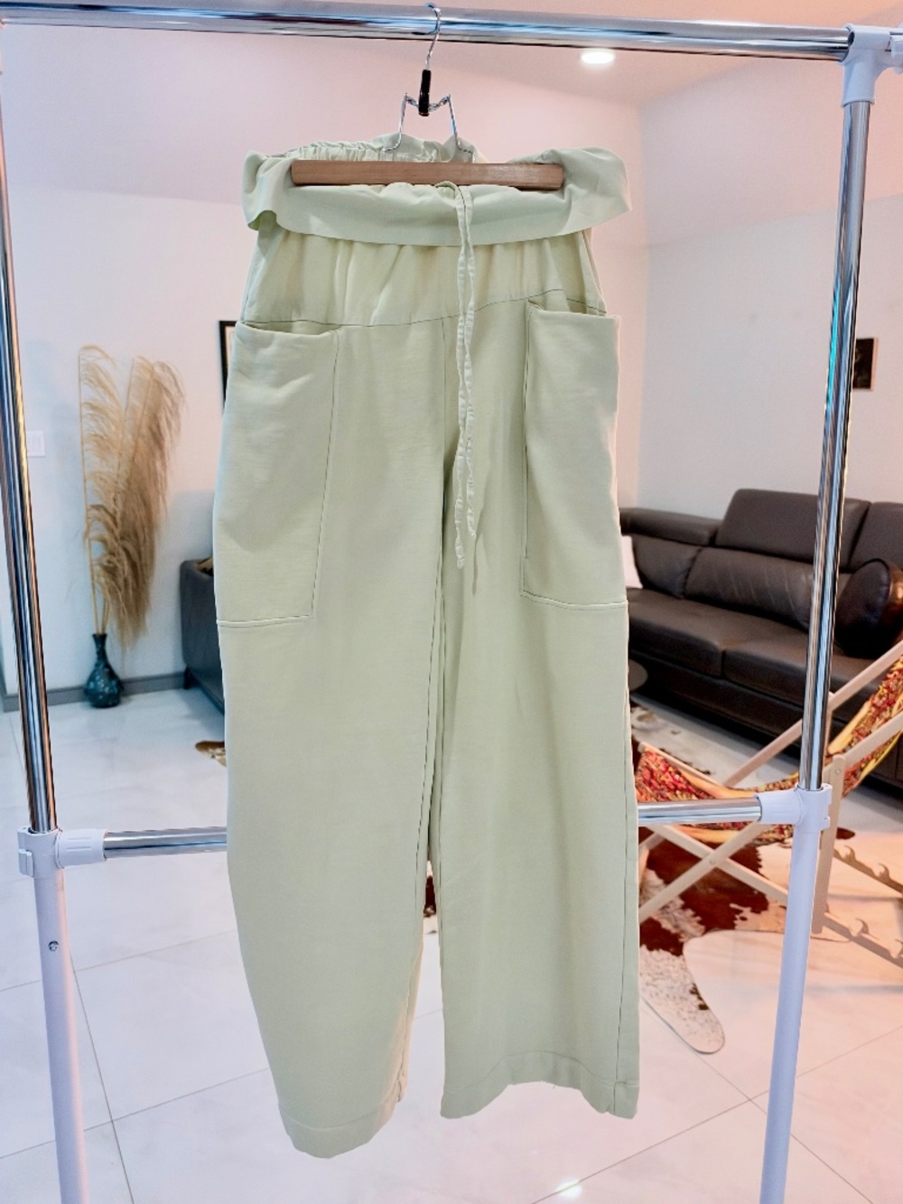 Zara Sage Green Wide Leg High Rise Paper Bag Pants